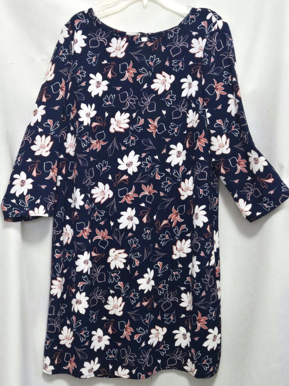 C&E Navy Blue, White, Pink Floral Long Sleeve Midi Shift Dress.